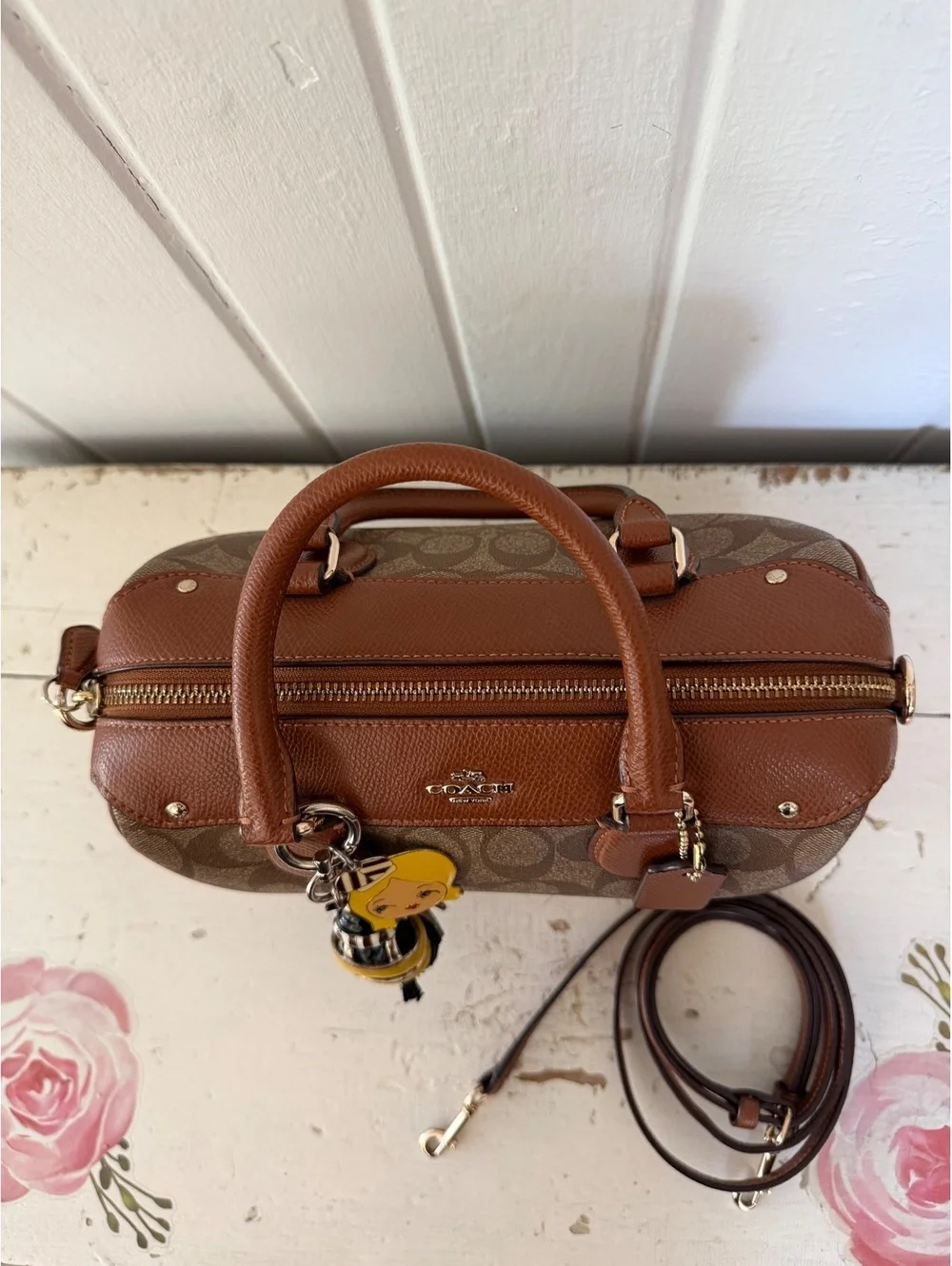 Coach Signature Canvas and Leather Satchel Handbag with Strap, no charms